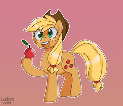 Size: 2169x1871 | Tagged: safe, artist:leslers, character:applejack, species:earth pony, species:pony, apple, colored pupils, cute, eye clipping through hair, female, food, jackabetes, mare, pink background, simple background, solo
