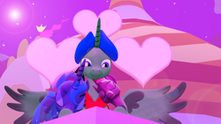 Size: 1920x1080 | Tagged: safe, artist:johnnyxluna, character:princess luna, character:tempest shadow, oc, oc:prince lightning chaser, species:pony, episode:hearts and hooves day, g4, my little pony: friendship is magic, 3d, canterlot castle, leaning, love, resting, shielded, snuggeling, source filmmaker