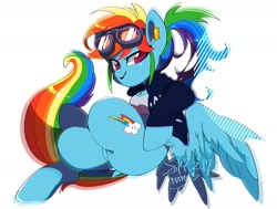 Size: 1720x1300 | Tagged: safe, artist:potetecyu_to, character:rainbow dash, species:pegasus, species:pony, female, goggles, mare, simple background, smiling, solo
