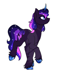 Size: 1667x1929 | Tagged: safe, artist:fuyusfox, oc, oc only, oc:amethyst haze, parent:king sombra, parent:princess luna, parents:lumbra, species:pony, species:unicorn, crystal hooves, curved horn, ethereal mane, female, galaxy mane, gradient horn, horn, mare, obtrusive watermark, offspring, simple background, solo, unshorn fetlocks, watermark, white background