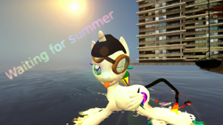 Size: 1280x720 | Tagged: safe, artist:johnnyxluna, oc, oc only, oc:lightning bliss, species:pony, 3d, city, goggles, one eye closed, sailboat, source filmmaker, sun, tongue out, water, wink