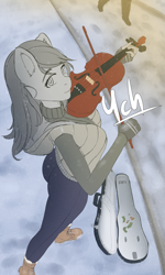 Size: 1440x2400 | Tagged: safe, artist:mintjuice, species:anthro, species:pony, advertisement, case, clothing, commission, female, looking at you, mare, musical instrument, musician, outdoors, snow, snowfall, street, violin, winter, your character here