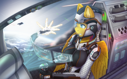 Size: 5000x3130 | Tagged: safe, artist:mintjuice, oc, oc:sunshine, species:anthro, species:pegasus, species:pony, anthro oc, clothing, concentrating, female, flight, futuristic, helmet, mare, pilot, planet, space, space suit, spaceship, sun, ych result