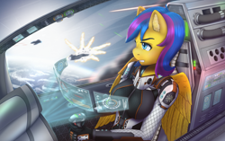 Size: 5000x3130 | Tagged: safe, artist:mintjuice, oc, oc:sunshine, species:anthro, species:pegasus, species:pony, anthro oc, clothing, concentrating, female, flight, futuristic, mare, pilot, planet, space, space suit, spaceship, sun, ych result