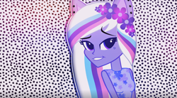 Size: 1118x619 | Tagged: safe, artist:galacticflashd, oc, oc only, oc:jessy violet, my little pony:equestria girls, abstract background, clothing, ear piercing, earring, female, flower, flower in hair, highlights, jewelry, piercing, smug, solo