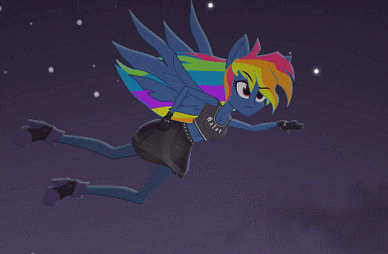 Size: 388x254 | Tagged: safe, artist:galacticflashd, character:evil pie hater dash, character:rainbow dash, episode:secrets and pies, g4, my little pony: friendship is magic, my little pony:equestria girls, adorapiehater, animated, clothing, cute, equestria girls-ified, eyeshadow, female, flying, gloves, goth, hand on hip, makeup, night, ponied up, solo