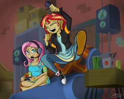 Size: 2672x2124 | Tagged: safe, artist:oinktweetstudios, character:fluttershy, character:sunset shimmer, episode:game stream, g4, my little pony: equestria girls, my little pony:equestria girls, spoiler:eqg series (season 2), barefoot, clothing, controller, converse, dress, eyes closed, feet, female, fluttershy is not amused, gamershy, human coloration, shimmercode, shoes, smiling, sneakers, unamused