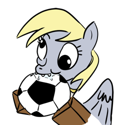 Size: 850x850 | Tagged: safe, artist:velgarn, character:derpy hooves, species:pony, 4chan cup, chewing, derp, drool, eating, female, football, request, safest hooves, silly, silly pony, simple background, solo, sports