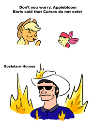 Size: 767x1000 | Tagged: safe, artist:velgarn, character:apple bloom, character:applejack, species:human, species:pony, 4chan cup, apple kit, clothing, cowboy hat, curse, cursed, drborisg, fire, hat, sunglasses