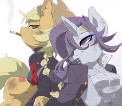 Size: 1720x1500 | Tagged: safe, artist:potetecyu_to, character:applejack, character:rarity, species:anthro, species:earth pony, species:pony, species:unicorn, ship:rarijack, applejack's hat, bandaid, cigarette, clothing, cowboy hat, cute, delinquent, female, gakuran, hat, jackabetes, lesbian, raribetes, shipping, simple background, smoking, white background