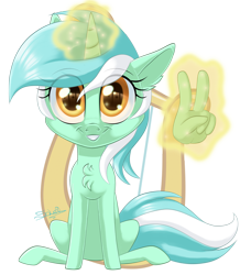 Size: 800x879 | Tagged: safe, artist:unisoleil, character:lyra heartstrings, species:pony, chest fluff, chibi, female, looking at you, magic, mare, peace sign, signature, simple background, smiling, solo, transparent background