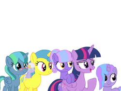 Size: 1024x768 | Tagged: safe, artist:turnaboutart, base used, character:lemon hearts, character:twilight sparkle, character:twilight sparkle (alicorn), oc, oc:lilac glow, oc:lunar gleam, oc:silver breeze, oc:starry twinkle, parent:lemon hearts, parent:twilight sparkle, parents:lemonlight, species:alicorn, species:earth pony, species:pegasus, species:pony, species:unicorn, ship:lemonlight, alicorn oc, baby, baby pony, family, female, glasses, lesbian, magical lesbian spawn, male, mother and daughter, mother and son, offspring, shipping
