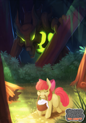Size: 1049x1500 | Tagged: safe, artist:aeritus, character:apple bloom, species:pony, basket, behind you, blank flank, crepuscular rays, eyes closed, female, filly, glowing eyes, little red riding hood, log, mouth hold, timber wolf, tree