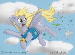 Size: 1369x1000 | Tagged: safe, artist:ratwhiskers, character:derpy hooves, species:bird, species:pegasus, species:pony, episode:winter wrap up, g4, my little pony: friendship is magic, clothing, cloud, cloudy, compass, female, flying, looking back, mare, sky, smiling, solo, underhoof, underp, vest, weather team, went north to get the southern birds, windswept mane, winter wrap up vest