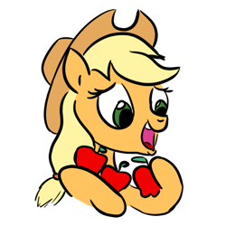 Size: 600x600 | Tagged: safe, artist:velgarn, character:applejack, species:pony, apple, clothing, cowboy hat, female, food, hat, holding, simple background, solo