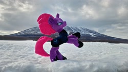 Size: 2048x1152 | Tagged: safe, artist:hihin1993, character:tempest shadow, species:pony, hoofy-kicks, irl, japan, majestic, mountain, photo, plushie, pretty pretty tempest, rearing, snow, solo