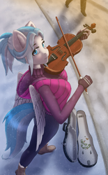Size: 3100x5000 | Tagged: safe, artist:mintjuice, oc, oc only, oc:lesa castle, species:anthro, species:pegasus, species:pony, anthro oc, busking, case, clothing, female, looking at you, mare, musical instrument, musician, outdoors, snow, snowfall, street, violin, winter, ych result