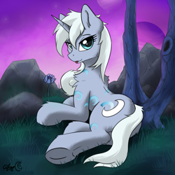 Size: 1037x1037 | Tagged: safe, artist:arjinmoon, oc, oc only, oc:moonbow, species:pony, species:unicorn, chest fluff, cute, female, horn, looking at you, looking back, looking back at you, mare, solo, tongue out, underhoof
