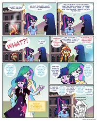 Size: 838x1046 | Tagged: safe, artist:crydius, character:princess celestia, character:sunset shimmer, character:twilight sparkle, character:twilight sparkle (alicorn), character:twilight sparkle (scitwi), species:alicorn, species:eqg human, species:pony, comic:meet the princesses, ship:scitwishimmer, ship:sunsetsparkle, ship:twilestia, g4, my little pony: equestria girls, my little pony:equestria girls, affection, blushing, bow, bow tie, building, canterlot high, clothing, comic, cutie mark, cutie mark clothes, day, dialogue, dress, elements of harmony, emblem, error, error message, ethereal hair, exclamation point, fail, fear, female, freakout, glasses, grass, grass field, hairpin, happy, holding, jacket, jewelry, leather, leather jacket, leather vest, lesbian, lights, mental blue screen of death, mountain, necklace, necktie, nervous, open mouth, outdoors, panic, plot twist, ponidox, ponytail, portal, princess of friendship, princess of the sun, principal twilight, question mark, ribbon, royalty, school of friendship, self paradox, self ponidox, shield, shipping, shirt, shocked, skirt, sky, smiling, speech bubble, student, sweat, sweating profusely, symbol, t-shirt, talking, teacher, teacher and student, teeth, text, tree, trollestia, trollestia in training, twolight, wall of tags, what a twist, window, x.exe stopped working, yelling