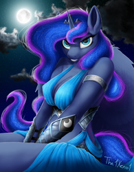 Size: 1000x1280 | Tagged: safe, artist:the1xeno1, character:princess luna, species:alicorn, species:anthro, species:pony, absolute cleavage, breasts, cleavage, cloud, female, looking at you, mare, moon, night, smiling, solo