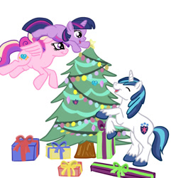 Size: 812x819 | Tagged: safe, artist:kuromi, character:princess cadance, character:shining armor, character:twilight sparkle, episode:hearth's warming eve, g4, my little pony: friendship is magic, christmas, christmas tree, holiday, hoofy-kicks, tree