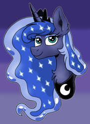 Size: 600x828 | Tagged: safe, artist:pink-pone, character:princess luna, species:alicorn, species:pony, bust, crown, ethereal mane, female, galaxy mane, gradient background, jewelry, mare, regalia, smiling, solo