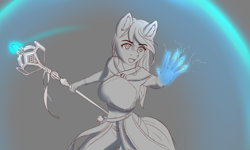 Size: 2400x1440 | Tagged: safe, artist:mintjuice, species:anthro, species:pony, advertisement, clothing, commission, determination, female, force field, glowing hands, magic, magician, magician outfit, mare, staff, your character here