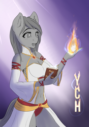 Size: 2333x3333 | Tagged: safe, artist:mintjuice, species:anthro, species:pony, advertisement, book, breasts, clothing, commission, dress, female, fire, happiness, magic, magician, magician outfit, mare, pants, success, your character here