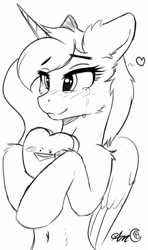 Size: 626x1061 | Tagged: safe, artist:arjinmoon, character:princess luna, species:alicorn, species:pony, :3, :>, belly button, bipedal, blush sticker, blushing, cheek fluff, crying, cute, ear fluff, explicit source, female, floppy ears, happy, heart, hoof hold, hug, leg fluff, lidded eyes, lineart, lunabetes, mare, monochrome, shoulder fluff, simple background, smiling, solo, tears of joy, teary eyes, white background