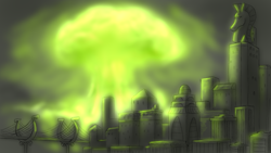 Size: 1920x1080 | Tagged: safe, artist:cyrilunicorn, fallout equestria, balefire bomb, bridge, city, cityscape, crystaller building, explosion, fanfic, fanfic art, manehattan, megaspell, megaspell explosion, mushroom cloud, no pony, nuclear explosion, scenery