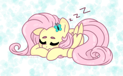 Size: 1200x740 | Tagged: safe, artist:ch-chau, artist:pink-pone, character:fluttershy, species:pegasus, species:pony, abstract background, butterfly, collaboration, cute, eyes closed, female, folded wings, lying down, mare, onomatopoeia, prone, shyabetes, sleeping, solo, wings, zzz