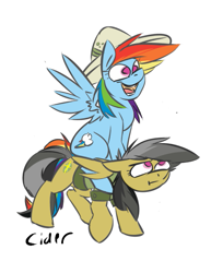 Size: 465x570 | Tagged: dead source, safe, artist:cider, character:daring do, character:rainbow dash, species:pegasus, species:pony, clothing, duo, ponies riding ponies, signature, simple background, white background