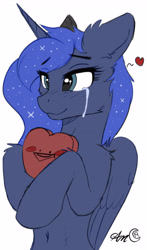 Size: 3000x5085 | Tagged: safe, artist:arjinmoon, colorist:childofthenight, edit, editor:childofthenight, character:princess luna, species:alicorn, species:pony, :3, :>, belly button, bipedal, blush sticker, blushing, cheek fluff, color edit, colored, crying, cute, ear fluff, female, floppy ears, happy, heart, high res, hoof hold, hug, leg fluff, lidded eyes, lunabetes, mare, shoulder fluff, signature, simple background, smiling, solo, tears of joy, teary eyes, white background