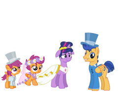 Size: 1024x768 | Tagged: safe, artist:turnaboutart, base used, character:flash sentry, character:scootaloo, character:twilight sparkle, species:pegasus, species:pony, species:unicorn, ship:flashlight, adopted offspring, alternate universe, alternate universe of an alternate universe, clothing, dress, female, floppy ears, flower, flower filly, flower girl, flower girl dress, hat, male, marriage, rule 63, scooteroll, shipping, straight, suit, top hat, tuxedo, wedding, wedding dress