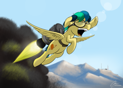 Size: 2931x2109 | Tagged: safe, artist:oinktweetstudios, oc, oc only, oc:apogee, species:pegasus, species:pony, eyes closed, female, flying, goggles, jetpack, mare, open mouth, raised hoof, rocket, shenanigans, solo, superman