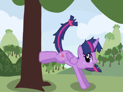 Size: 1024x768 | Tagged: safe, artist:turnaboutart, character:twilight sparkle, character:twilight sparkle (alicorn), species:alicorn, species:pony, fanfic:mama applejack, alternate universe, applebucking, female, freckles, hairband, kicking, solo, tree