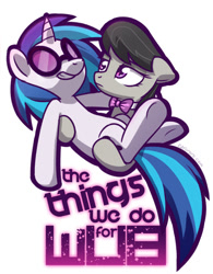 Size: 500x641 | Tagged: safe, artist:naroclie, character:dj pon-3, character:octavia melody, character:vinyl scratch, species:earth pony, species:pony, species:unicorn, ship:scratchtavia, carrying, female, holding a pony, lesbian, mare, shipping, simple background, song reference, white background