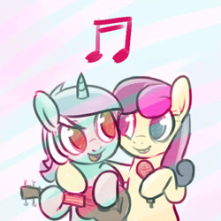 Size: 400x400 | Tagged: safe, artist:naroclie, character:bon bon, character:lyra heartstrings, character:sweetie drops, species:earth pony, species:pony, species:unicorn, female, mare, microphone, music notes, musical instrument, smiling, ukulele