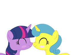 Size: 1024x768 | Tagged: safe, artist:turnaboutart, base used, character:lemon hearts, character:twilight sparkle, character:twilight sparkle (alicorn), species:alicorn, species:pony, species:unicorn, fanfic:twilight sparkle and lemon hearts love life, ship:lemonlight, blushing, boop, eyes closed, female, lesbian, shipping