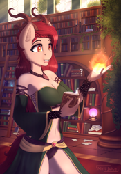 Size: 3500x5000 | Tagged: safe, artist:mintjuice, oc, oc only, oc:raina equinox, species:anthro, species:pony, amulet, anthro oc, book, bookshelf, breasts, clothing, crystal ball, dress, female, fire, happiness, indoors, jewelry, leaves, library, magic, magician, magician outfit, mare, pants, solo, success, ych result