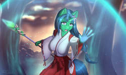 Size: 5000x3000 | Tagged: safe, artist:mintjuice, oc, oc only, oc:natsumi, species:anthro, species:pony, species:unicorn, anthro oc, blue hair, clothing, determination, female, force field, forest, kimono (clothing), magic, magician, mare, miko, open mouth, solo, staff, ych result