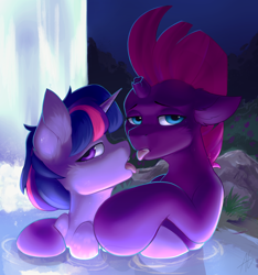 Size: 2242x2400 | Tagged: safe, artist:argigen, rcf community, character:tempest shadow, character:twilight sparkle, species:pony, species:unicorn, ship:tempestlight, broken horn, female, horn, imminent kissing, lesbian, looking at you, shipping, tongue out, water, waterfall