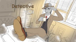 Size: 3000x1688 | Tagged: safe, artist:mintjuice, species:anthro, species:pony, advertisement, blazer, city, clothing, coffee mug, commission, detective, foot focus, hat, looking at you, male, microsoft, morning, morning ponies, mug, necktie, office, phone, smiling, stallion, steet, table, window, windows, your character here