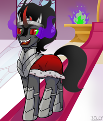 Size: 1700x2000 | Tagged: safe, artist:jellysiek, character:king sombra, species:pony, species:unicorn, colored pupils, curved horn, fire, horn, male, open mouth, solo, sombra eyes