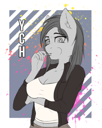 Size: 2500x3128 | Tagged: safe, artist:mintjuice, species:anthro, species:pony, advertisement, breasts, candy, clothing, commission, female, food, jacket, leather jacket, lollipop, looking at you, mare, tank top, thug, thug life, your character here