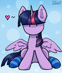 Size: 1700x2000 | Tagged: safe, artist:jellysiek, character:twilight sparkle, character:twilight sparkle (alicorn), species:alicorn, species:pony, beady eyes, chibi, clothing, cute, female, heart, mare, no mouth, simple background, socks, solo, striped socks, twiabetes