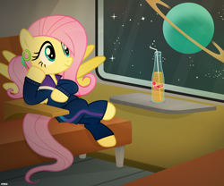 Size: 6000x5000 | Tagged: safe, artist:a4r91n, character:fluttershy, species:pegasus, species:pony, absurd resolution, alternate hairstyle, clothing, crossed legs, ear piercing, earring, female, hairband, jewelry, mare, piercing, planet, ponytail, raised hoof, sitting, soda, solo, space, stars, tracksuit, window