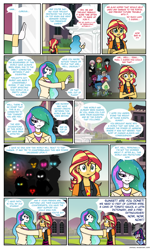 Size: 836x1388 | Tagged: safe, artist:crydius, character:princess celestia, character:sunset shimmer, character:tempest shadow, character:twilight sparkle, character:twilight sparkle (scitwi), oc, oc:crydius, oc:eldritch, species:eqg human, comic:meet the princesses, g4, my little pony: equestria girls, my little pony:equestria girls, adventure time, angry, catra, chara, crona, dagger, electricity, elements of disharmony, female, glowing eyes, glowing scar, lapis lazuli (steven universe), lord dominator, male, marshall lee, peridot (steven universe), pointed ears, ponytail, soldier, soul eater, steven universe, team fortress 2, undertale, vampire, wander over yonder, weapon