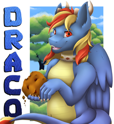 Size: 1838x2000 | Tagged: safe, artist:dunnowhattowrite, oc, oc:draco flames, badge, claws, horns, hybrid, male, solo