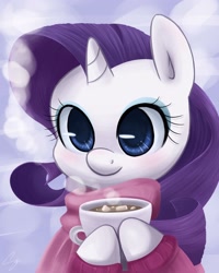 Size: 2400x3000 | Tagged: safe, artist:steffy-beff, character:rarity, cannibalism, clothing, cup, cute, female, hoof hold, hot chocolate, marshmallow, raribetes, scarf, solo, sweater
